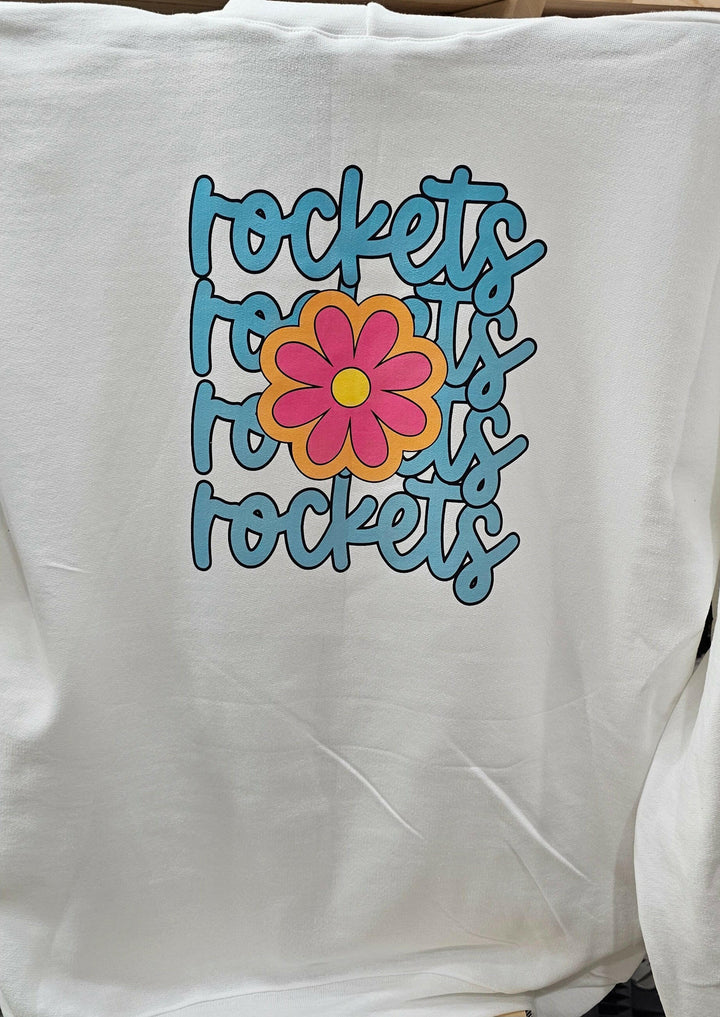 #43 - rockets x4 w/ blue font and flower in the middle