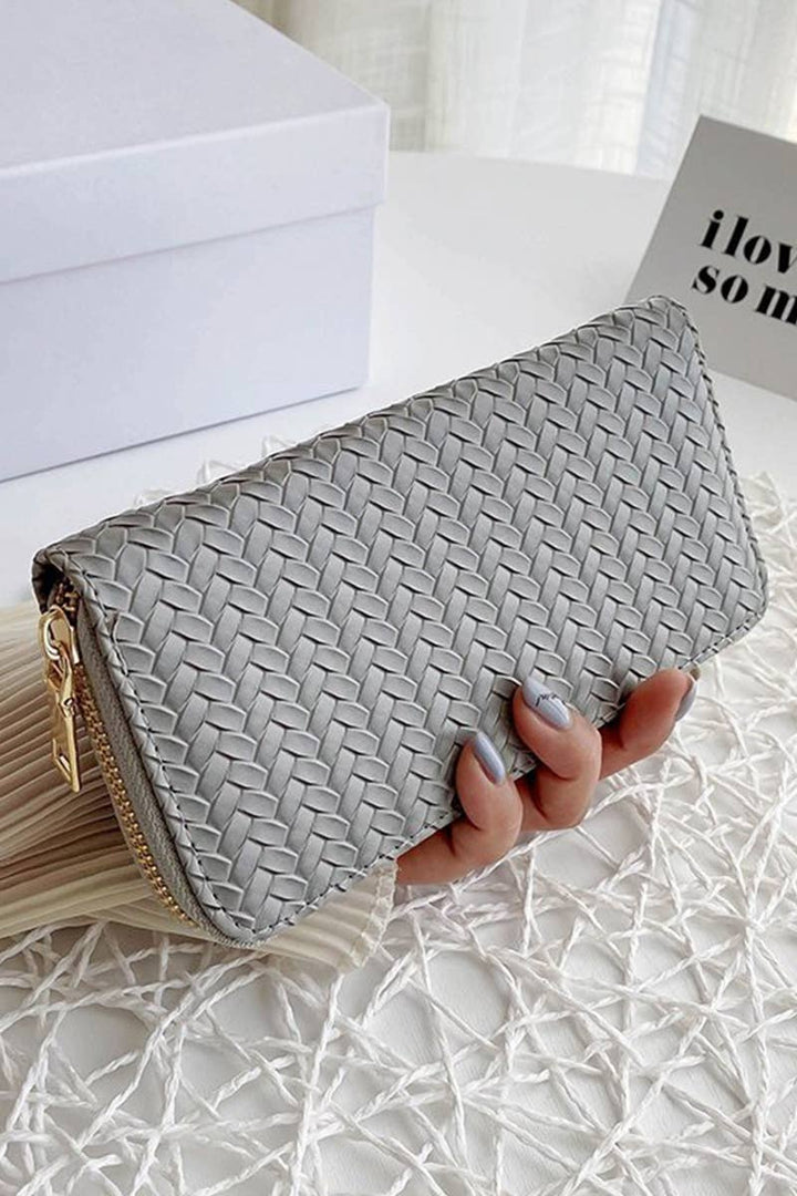 Vegan Leather Woven Weave Long Wallet