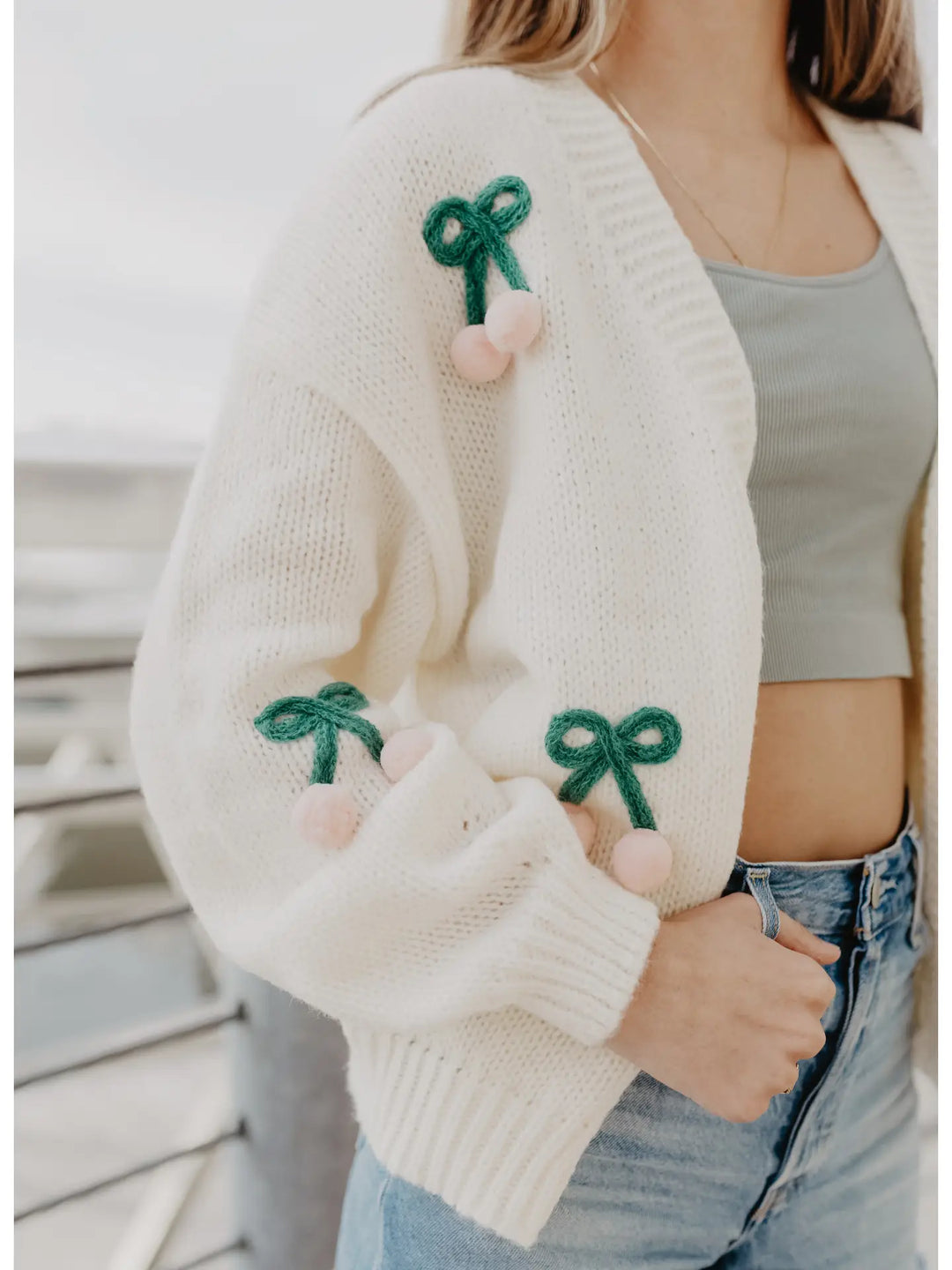 Cherry Long Sleeve Knit Cardigan Sweater