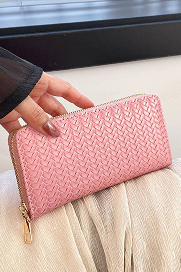 Vegan Leather Woven Weave Long Wallet