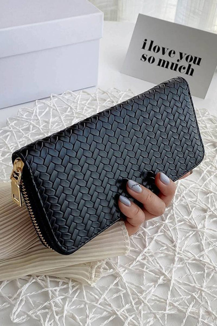 Vegan Leather Woven Weave Long Wallet