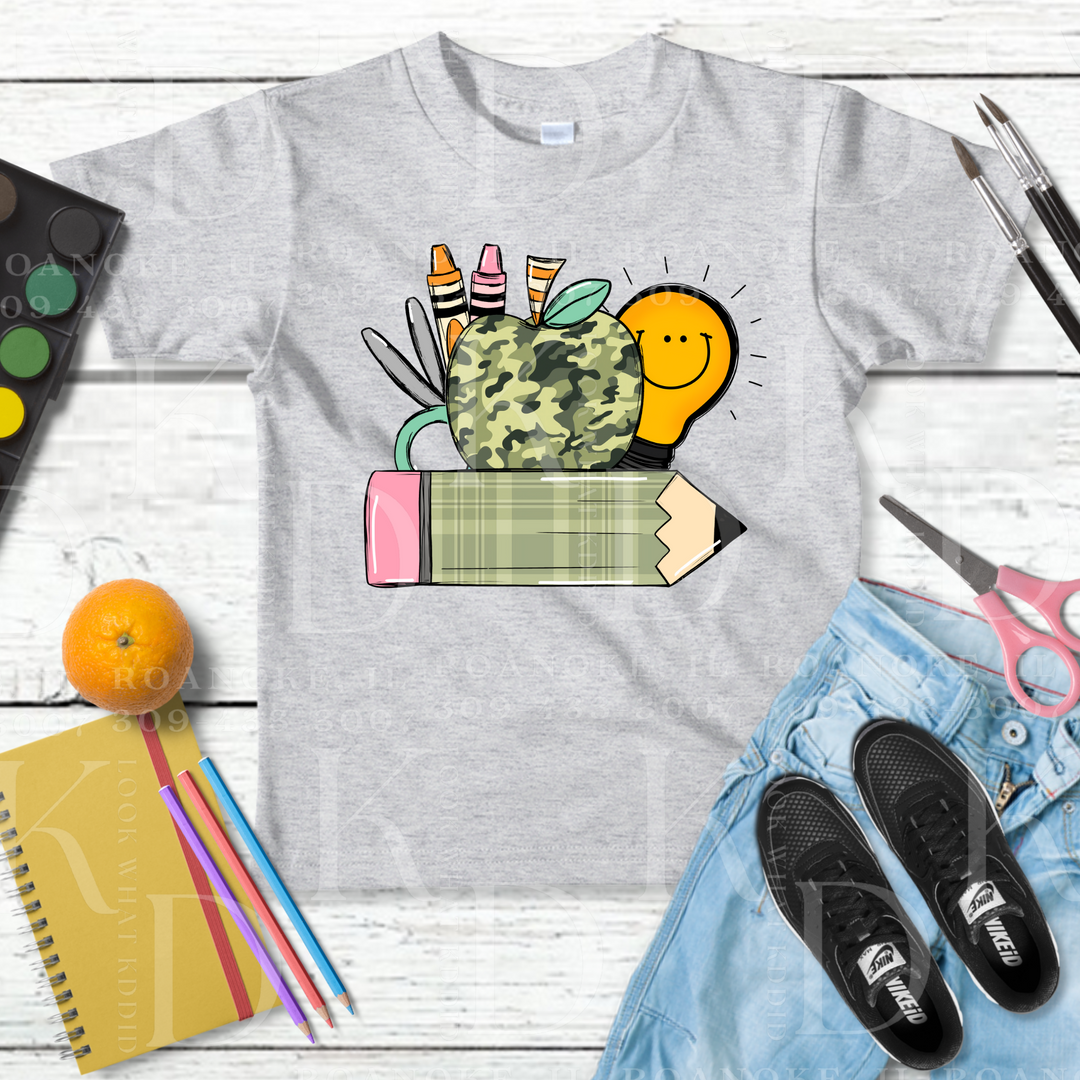 camo apple and pencil