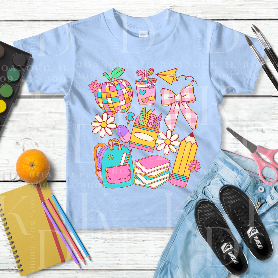 School supplies with flowers and pastels