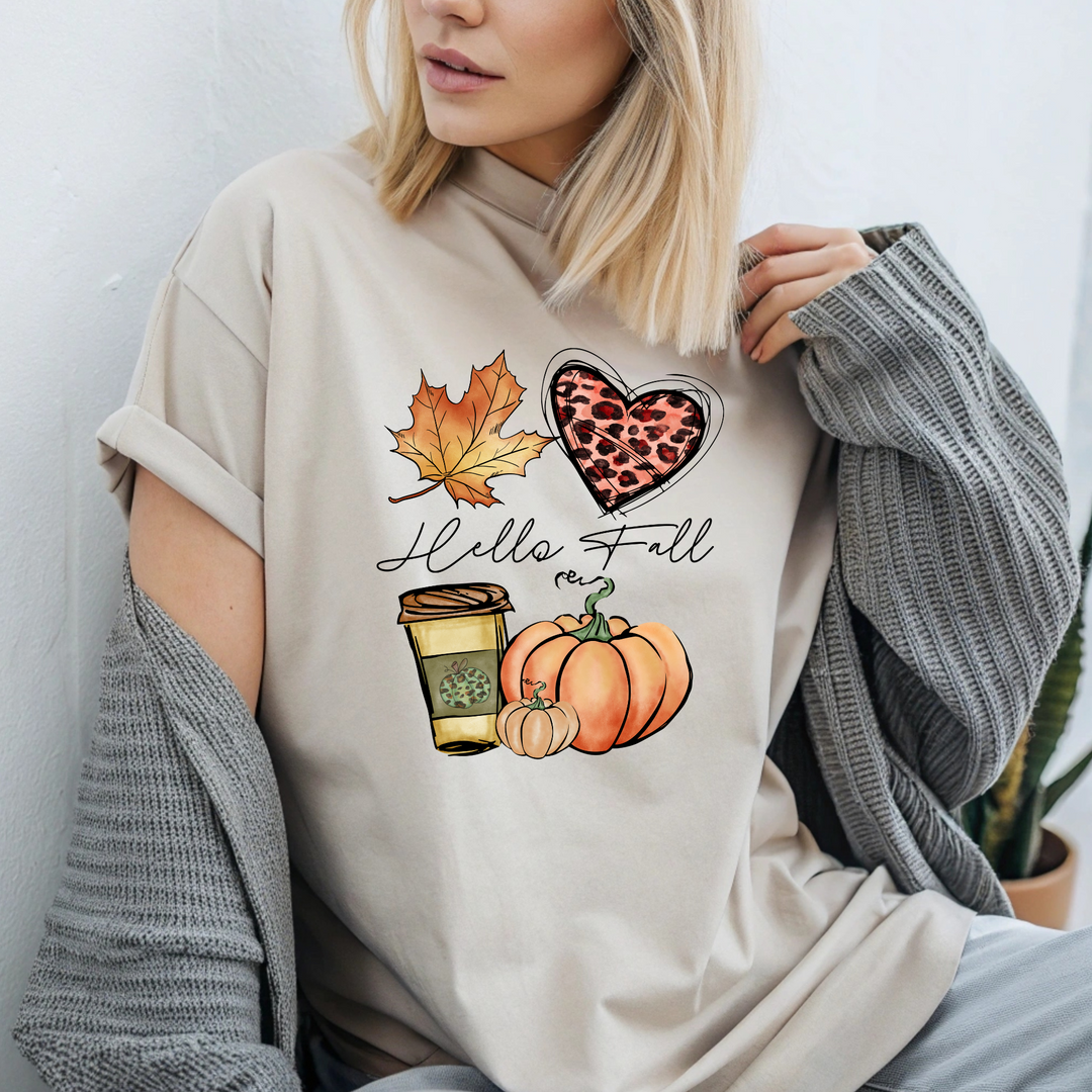 Hello Fall w/ pumpkin, coffee, leaf, and heart