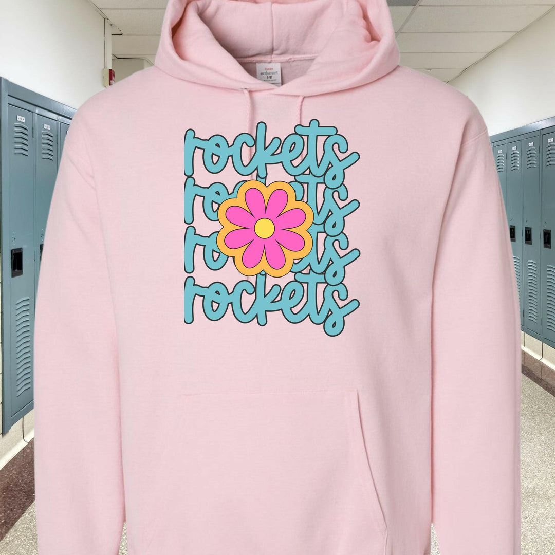 #43 - rockets x4 w/ blue font and flower in the middle