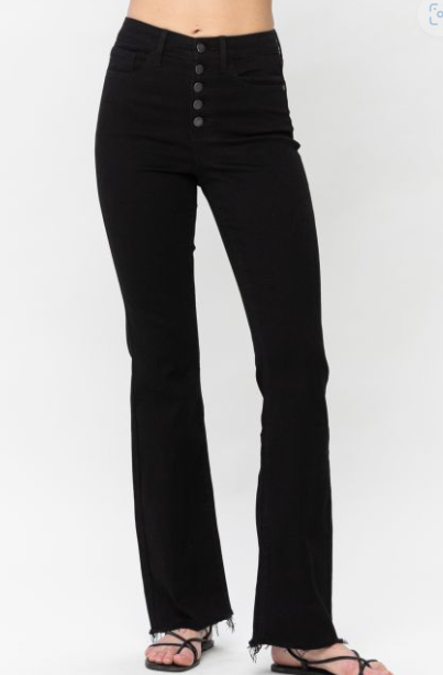 Judy Blue (82570) High Waist Black Button Fly Raw Hem Bootcut Jeans