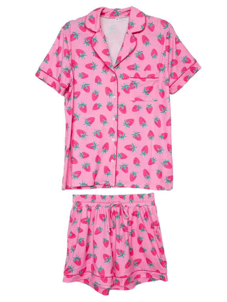 Pink Strawberry Print Pajama Sets For Women