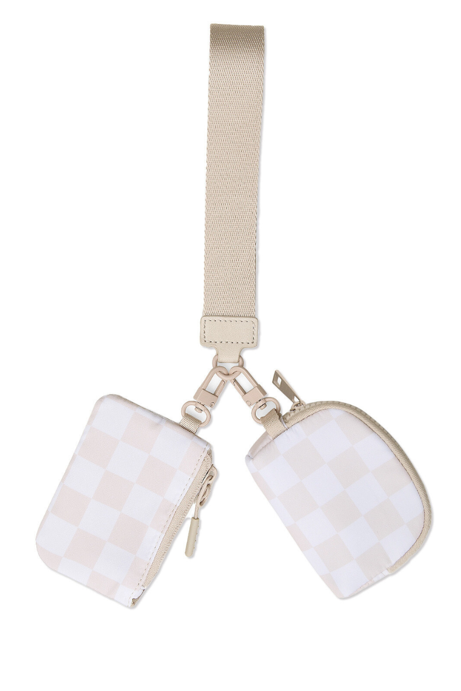 Double Pouch Wristlet, Neutral Checkered