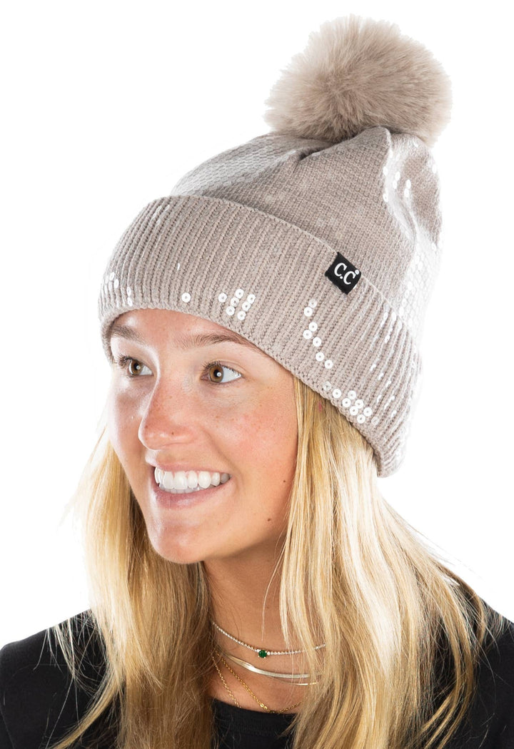 Sequin Pom Beanie -Taupe