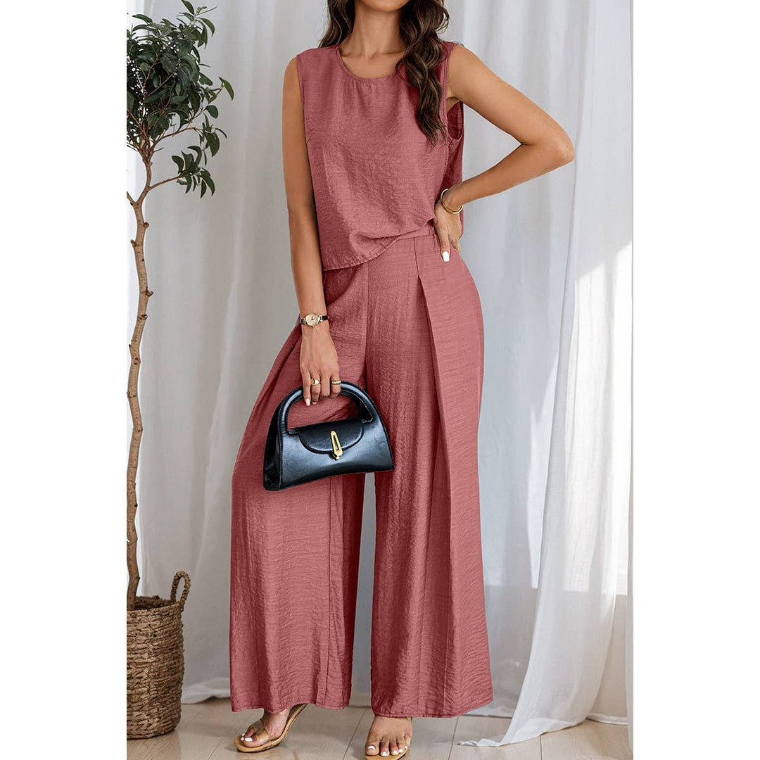Two Pieces Solid Tank Wide Leg Pants Set