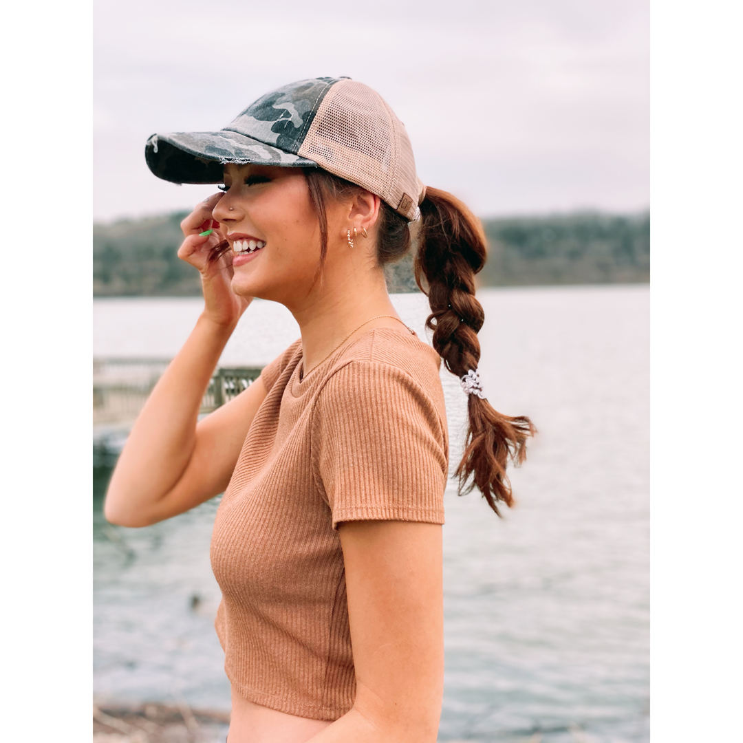 Distressed Camouflage Criss-Cross High Ponytail CC Ball Cap