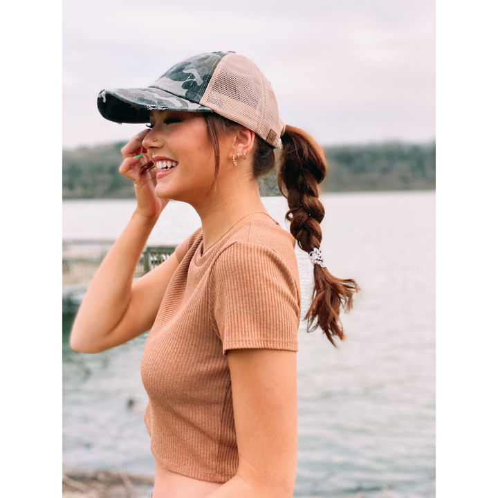 Distressed Camouflage Criss-Cross High Ponytail CC Ball Cap