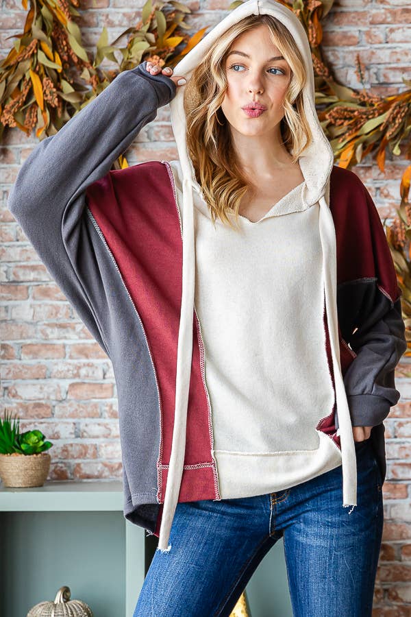 Color Block V Neck Hoodie