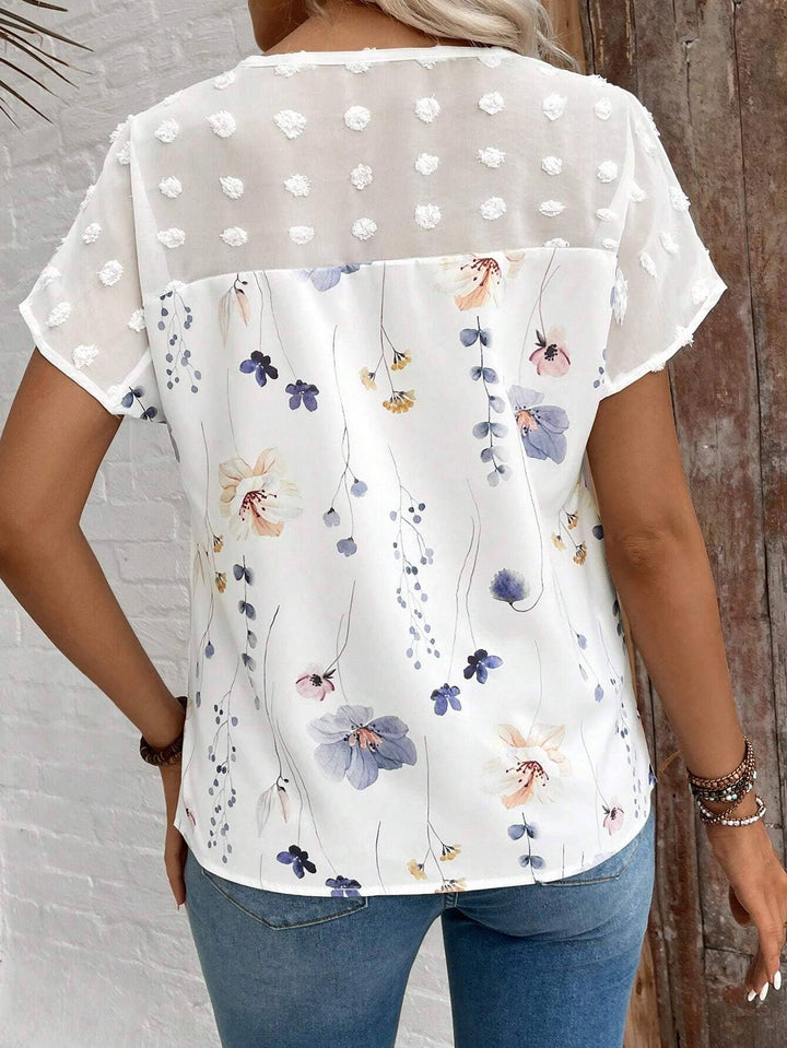 V-NECK PRINTED LACE PATCHWORK TOP