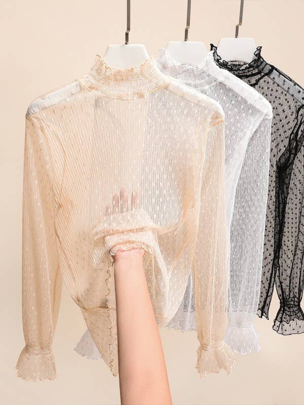 Polka Dots Ruffle high neck Sheer Mesh Top