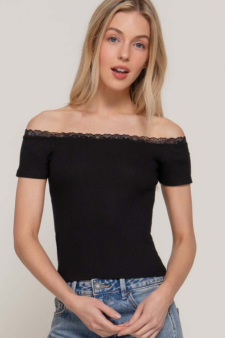 Short Sleeve Off The Shoulder with Lace Trim Knit Top