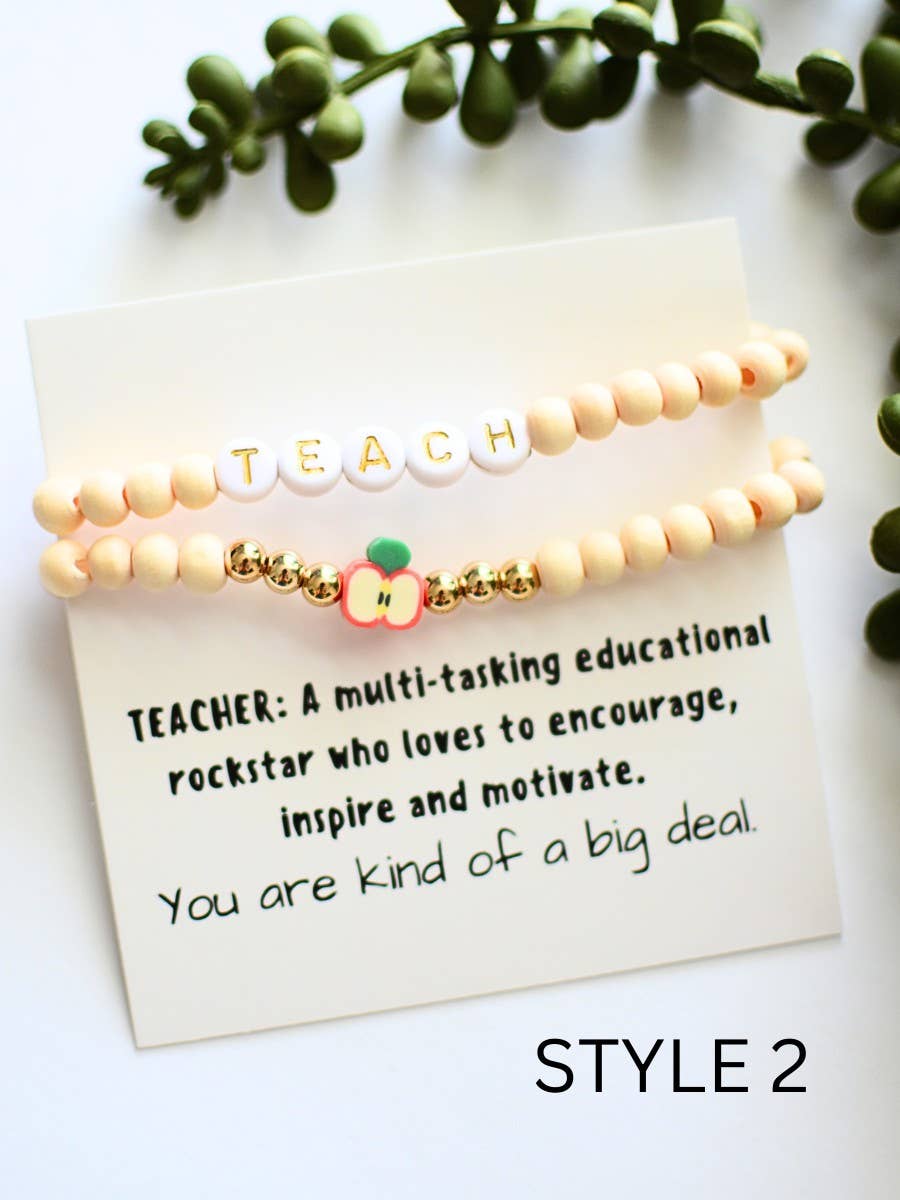 Wood Beaded Teacher stretch Bracelet stack on THANK YOU Card