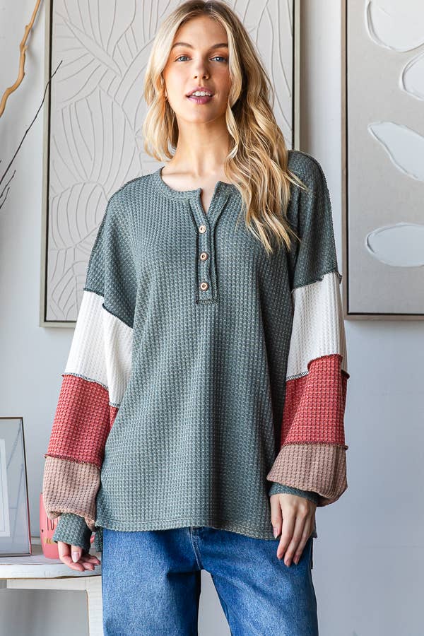 Waffle Knit Button Front Top