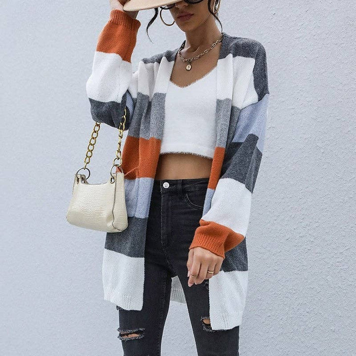 Long Striped Open Front Cardigan