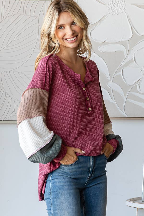 Waffle Knit Button Front Top