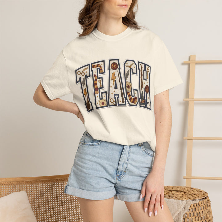Teach Graphic T-Shirt — School-Themed Teacher Tee with Chalkboard Doodle Letters