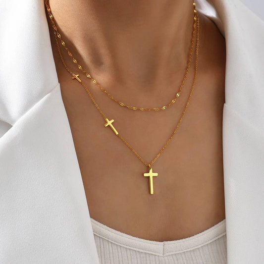 Double Layered Cross Pendant Collarbone Chain Necklace