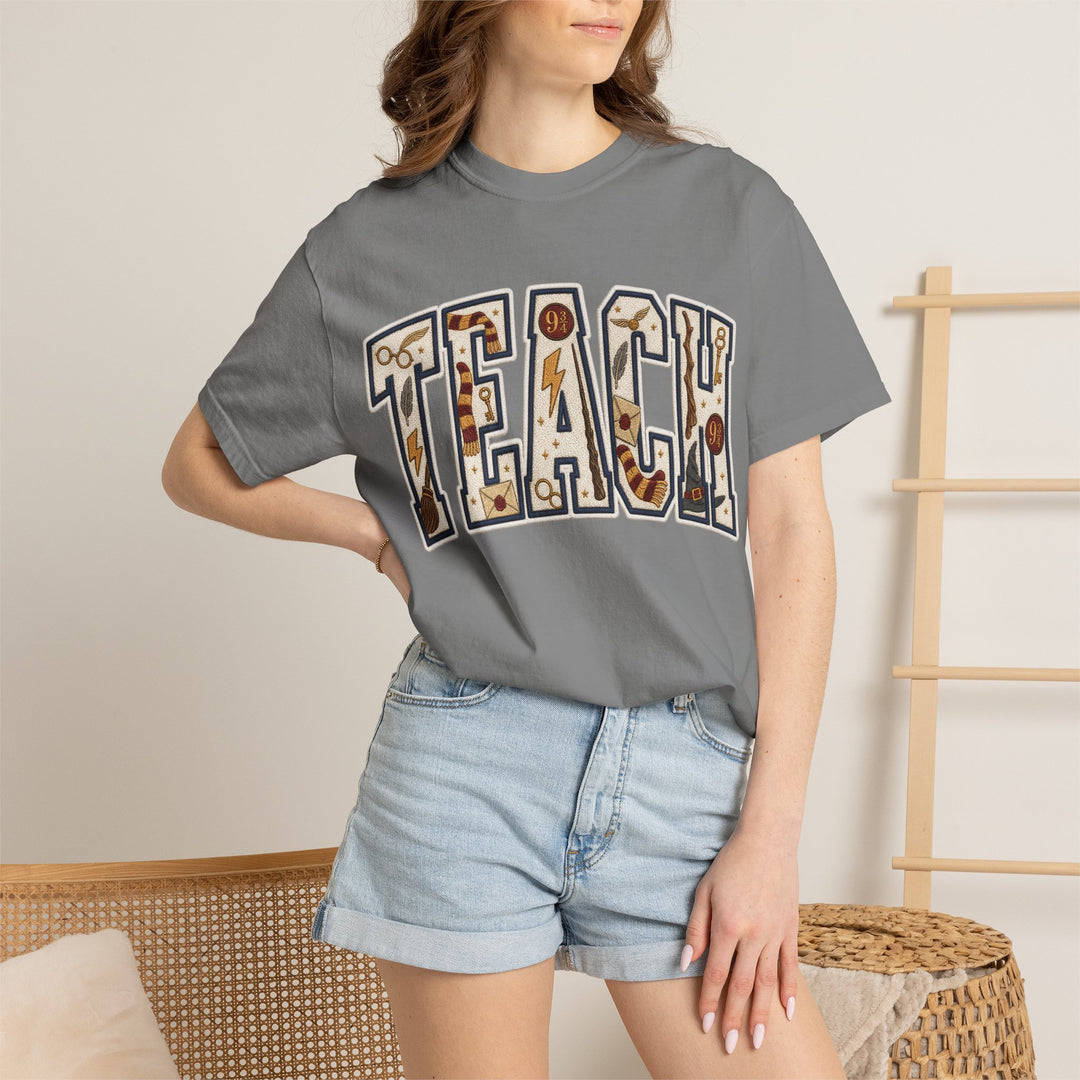 Teach Graphic T-Shirt — School-Themed Teacher Tee with Chalkboard Doodle Letters
