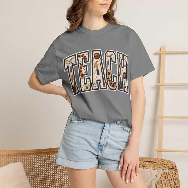 Teach Graphic T-Shirt — School-Themed Teacher Tee with Chalkboard Doodle Letters