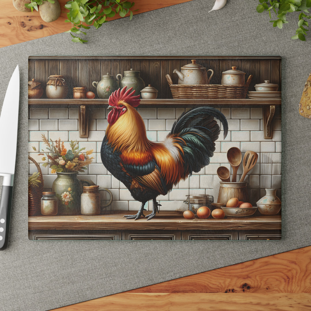 Rooster Kitchen Glass Cutting Board – Rustic Farmhouse Countertop Decor