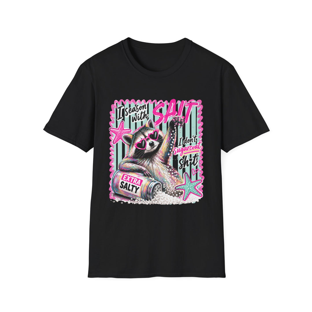 I Season With Salt Raccoon T-Shirt — Funny Beachy Graphic Tee ("I don't sugarcoat")
