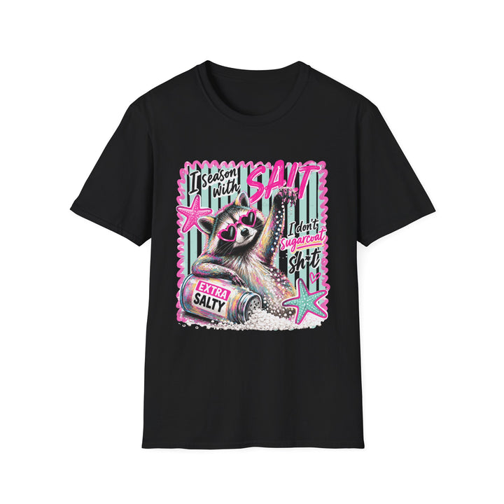 I Season With Salt Raccoon T-Shirt — Funny Beachy Graphic Tee ("I don't sugarcoat")