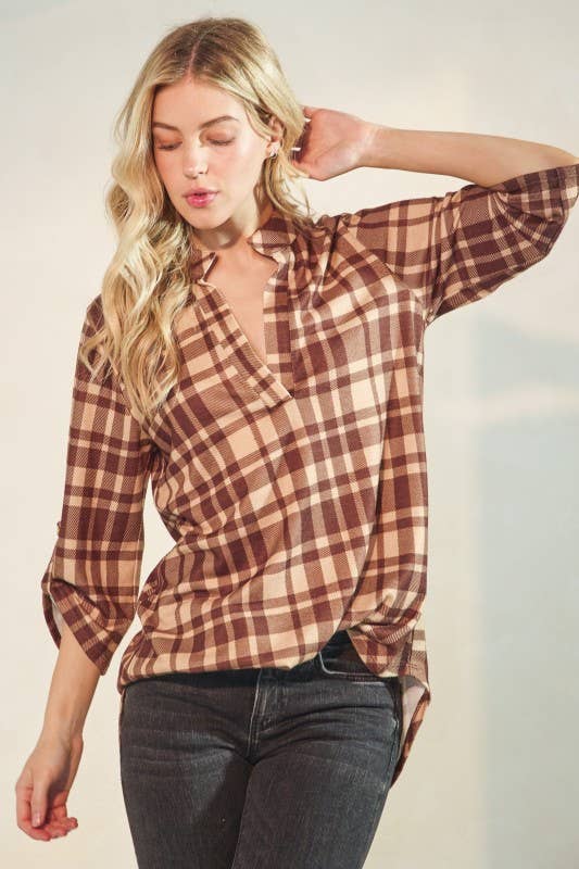 Button Sleeve Plaid Top