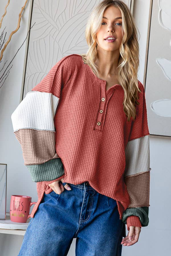 Waffle Knit Button Front Top