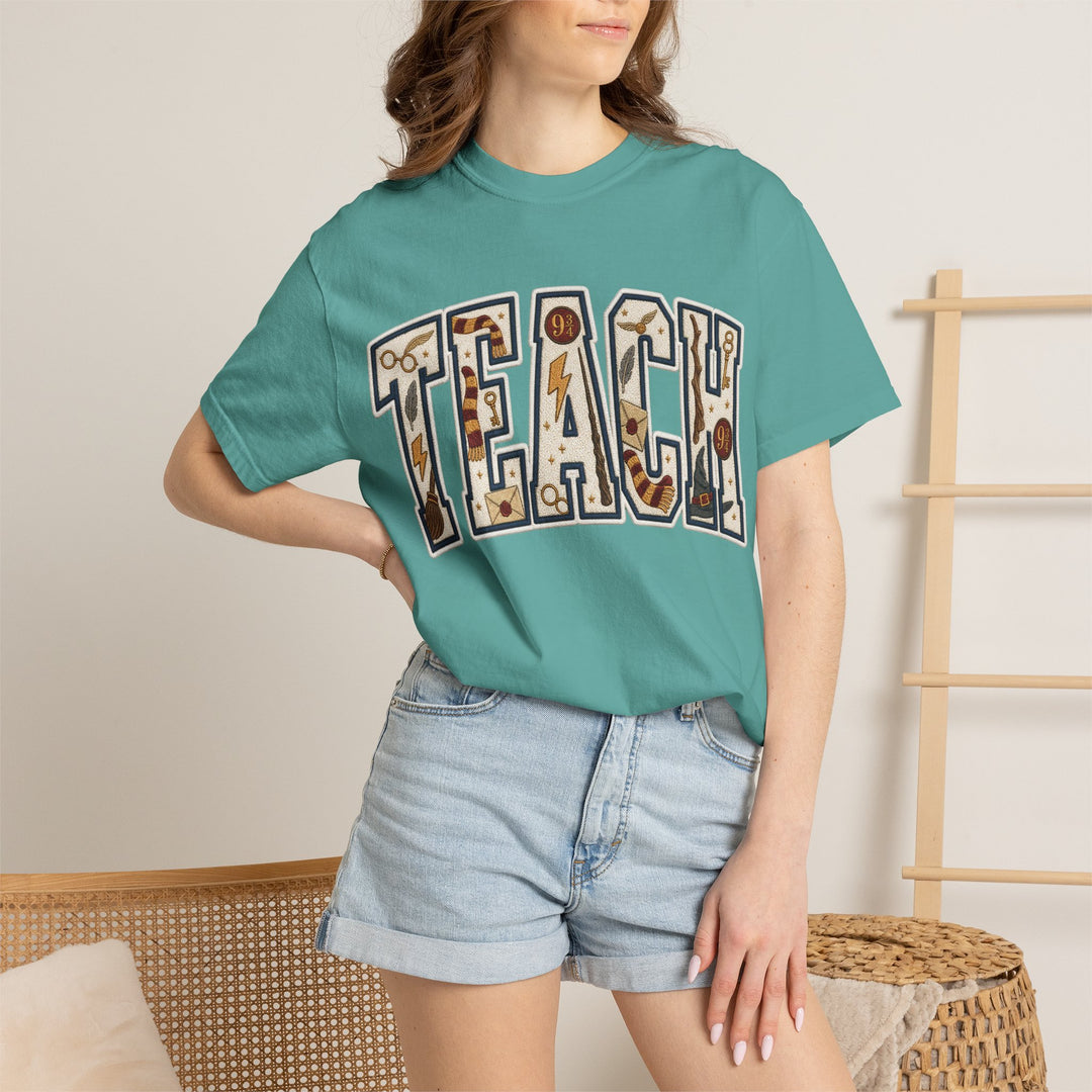 Teach Graphic T-Shirt — School-Themed Teacher Tee with Chalkboard Doodle Letters