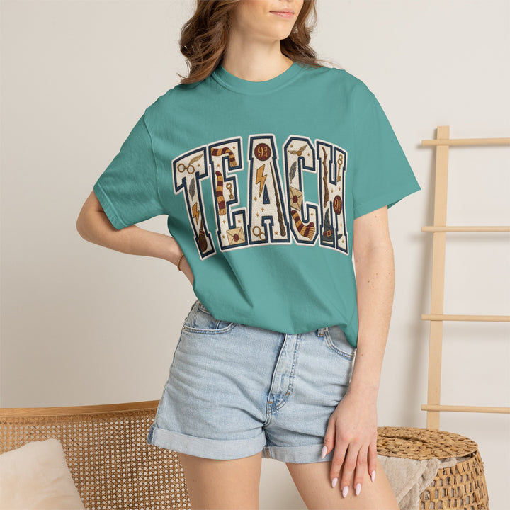 Teach Graphic T-Shirt — School-Themed Teacher Tee with Chalkboard Doodle Letters
