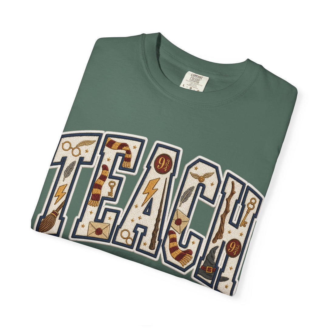Teach Graphic T-Shirt — School-Themed Teacher Tee with Chalkboard Doodle Letters