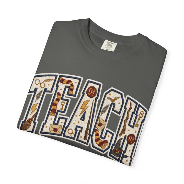 Teach Graphic T-Shirt — School-Themed Teacher Tee with Chalkboard Doodle Letters