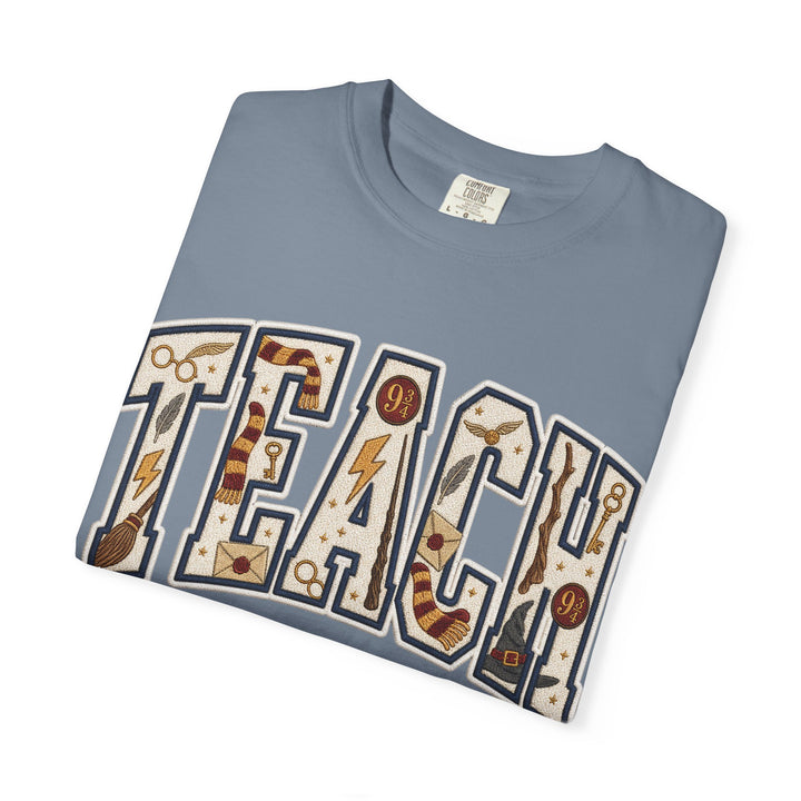 Teach Graphic T-Shirt — School-Themed Teacher Tee with Chalkboard Doodle Letters