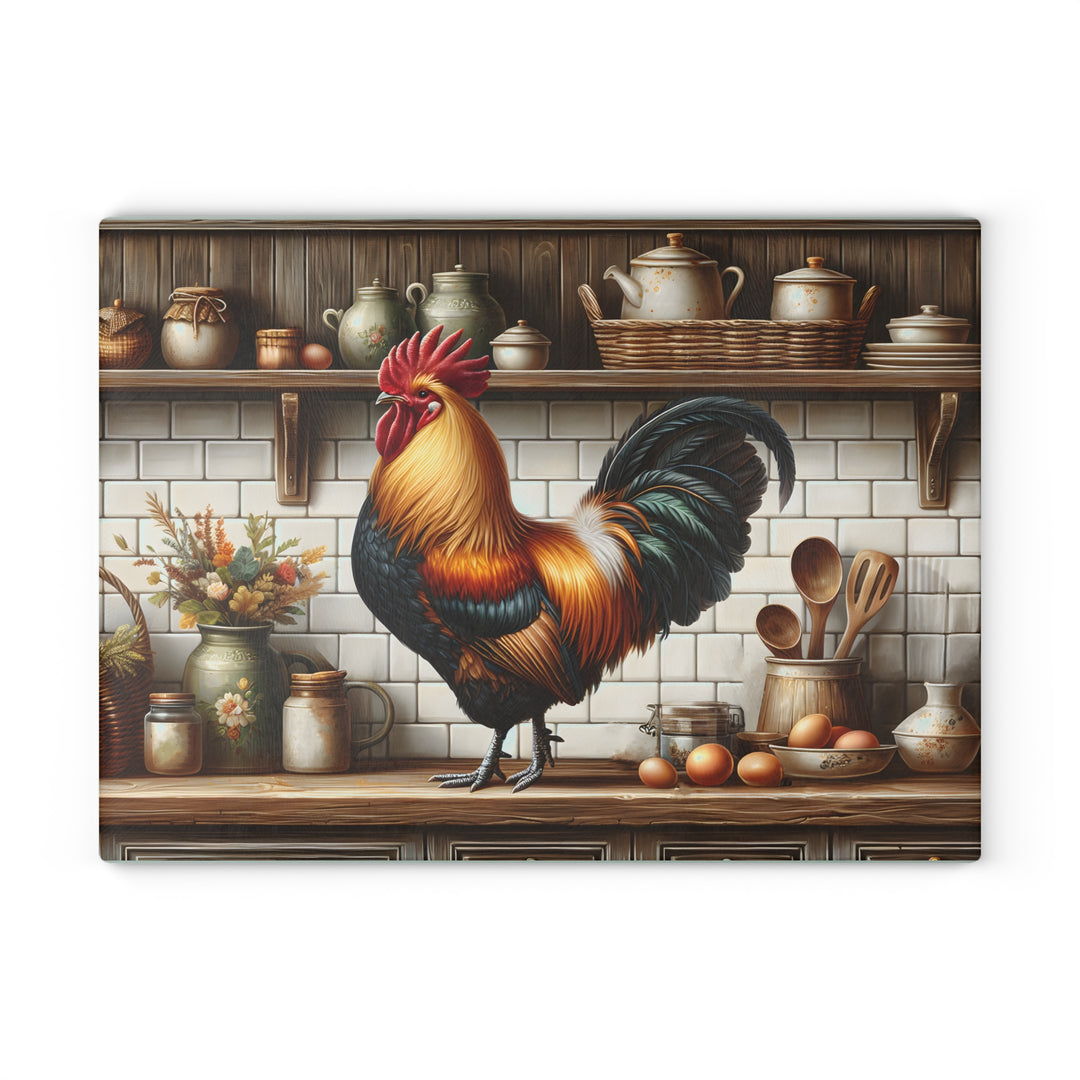 Rooster Kitchen Glass Cutting Board – Rustic Farmhouse Countertop Decor