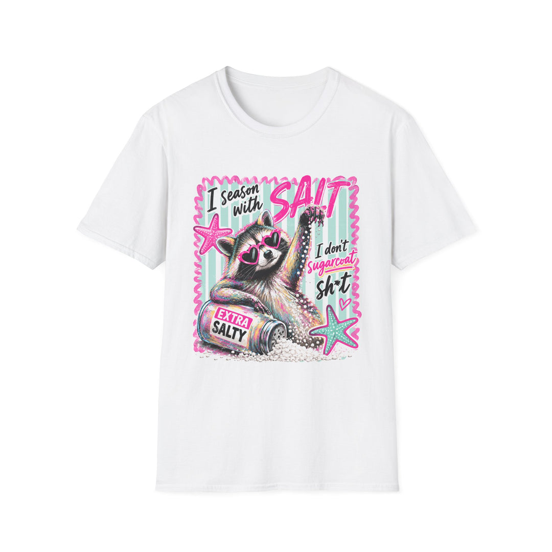 I Season With Salt Raccoon T-Shirt — Funny Beachy Graphic Tee ("I don't sugarcoat")