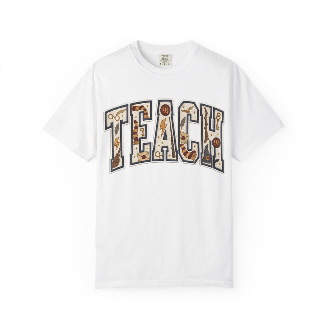 Teach Graphic T-Shirt — School-Themed Teacher Tee with Chalkboard Doodle Letters