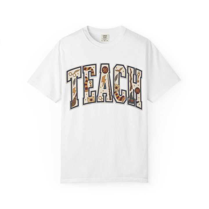 Teach Graphic T-Shirt — School-Themed Teacher Tee with Chalkboard Doodle Letters