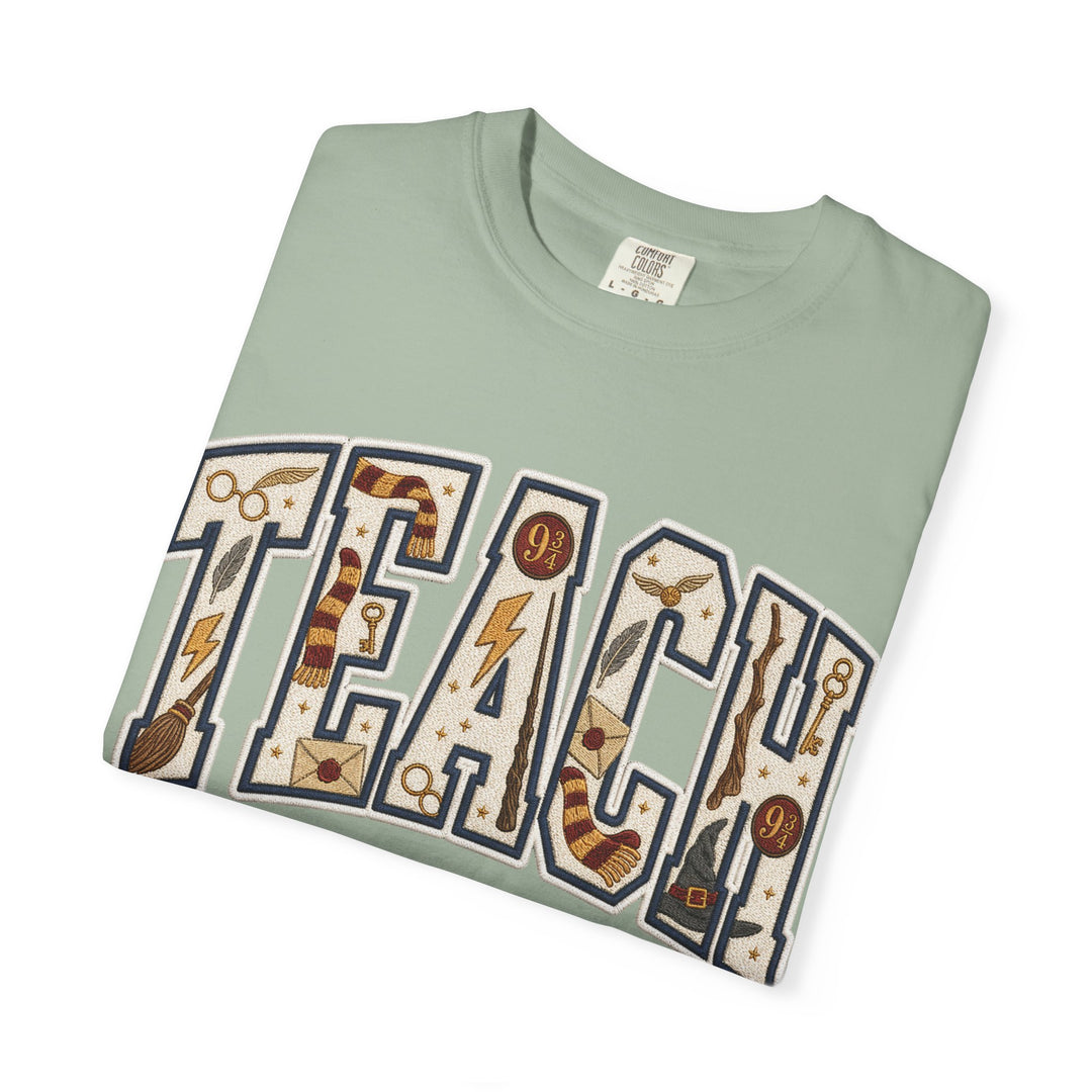Teach Graphic T-Shirt — School-Themed Teacher Tee with Chalkboard Doodle Letters