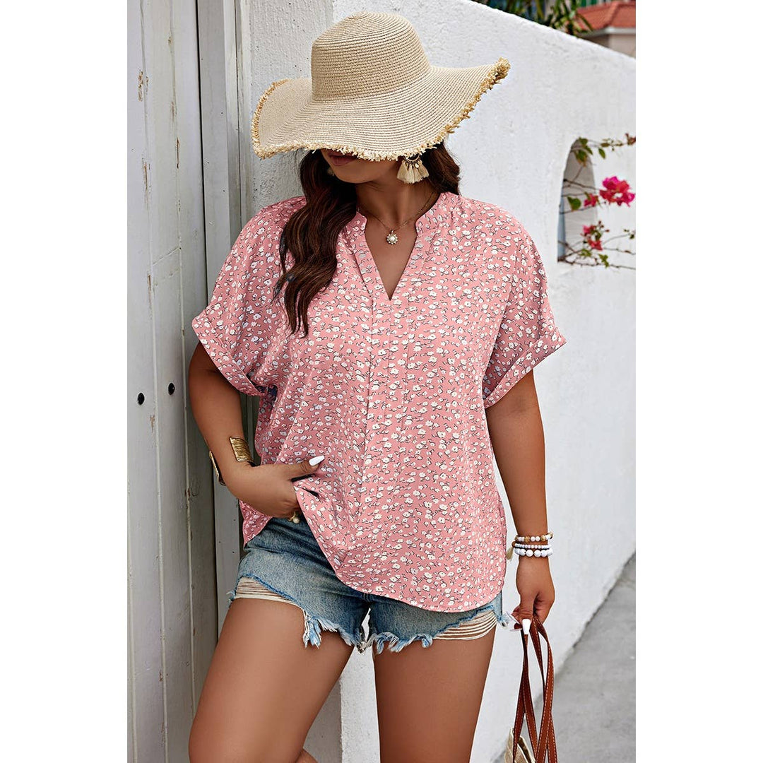 Plus Size Floral Print V Neck Short Sleeve Blouse