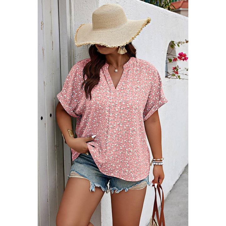 Plus Size Floral Print V Neck Short Sleeve Blouse