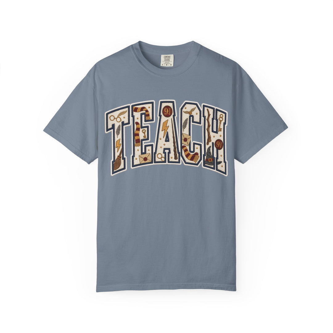 Teach Graphic T-Shirt — School-Themed Teacher Tee with Chalkboard Doodle Letters