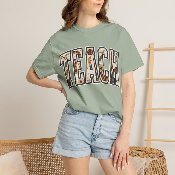 Teach Graphic T-Shirt — School-Themed Teacher Tee with Chalkboard Doodle Letters