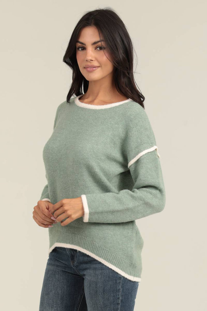 CONTRAST SEAMS HI LO PULLOVER SWEATER