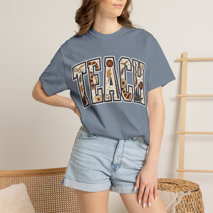 Teach Graphic T-Shirt — School-Themed Teacher Tee with Chalkboard Doodle Letters