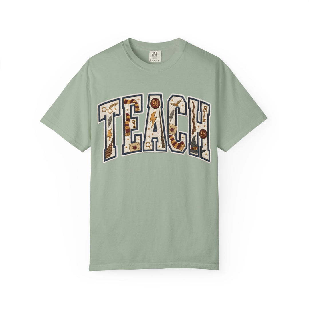 Teach Graphic T-Shirt — School-Themed Teacher Tee with Chalkboard Doodle Letters
